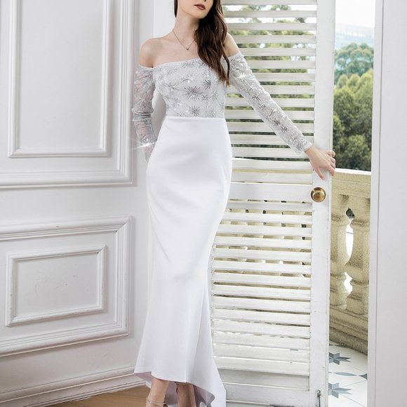 New Contrast Sequin Off Shoulder Mermaid Hem Wedding Dress - Picture 7 of 7